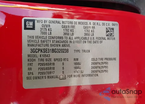 2011 Chevrolet Silverado 1500 Lt из США, поврежденный, VIN 3GCPKSE31BG320238